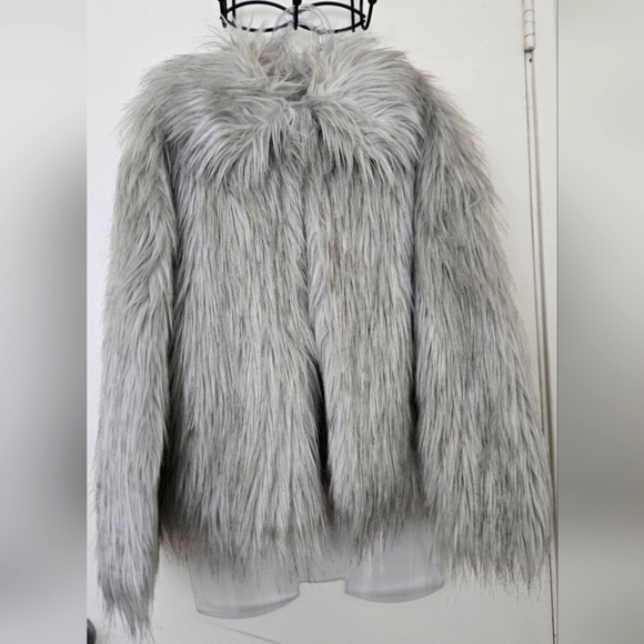 Topshop Faux Fur Grey Shag Coat Jacket Grey White - Picture 1 of 9